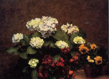 Henri Fantin-Latour : Hydrangias, Cloves and Two Pots of Pansies